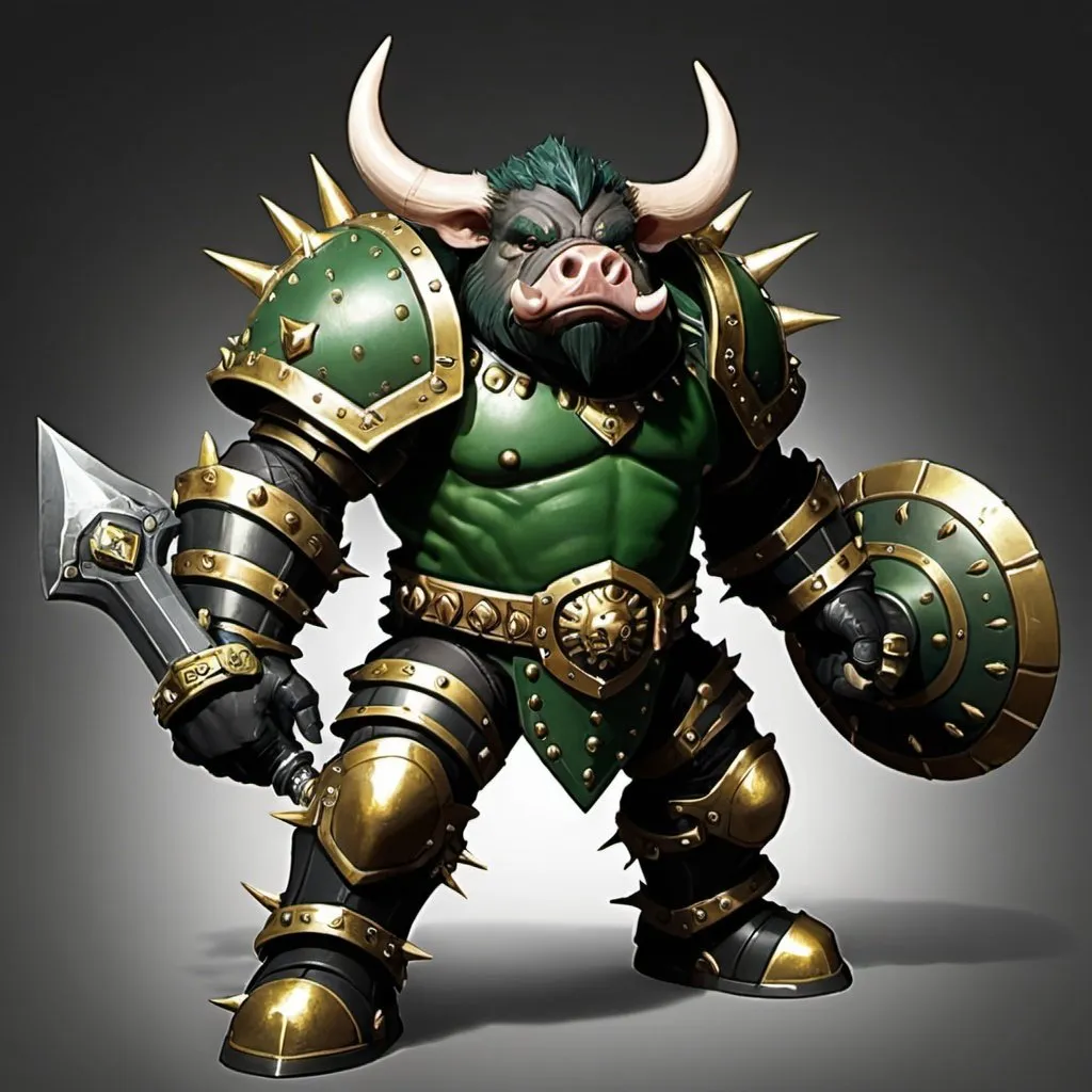 Prompt: juggernaut,hog,black and green armour with gold ornements,spikes,no helmet,four arm,energy sword,shield,miniguns