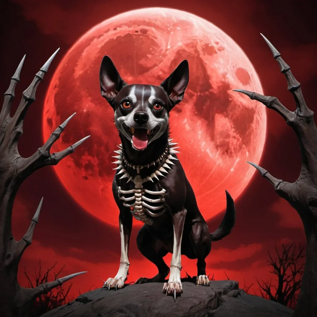 Prompt: dog,dark skin,blood moon,barking,spikes,skelletons,big claws,blood