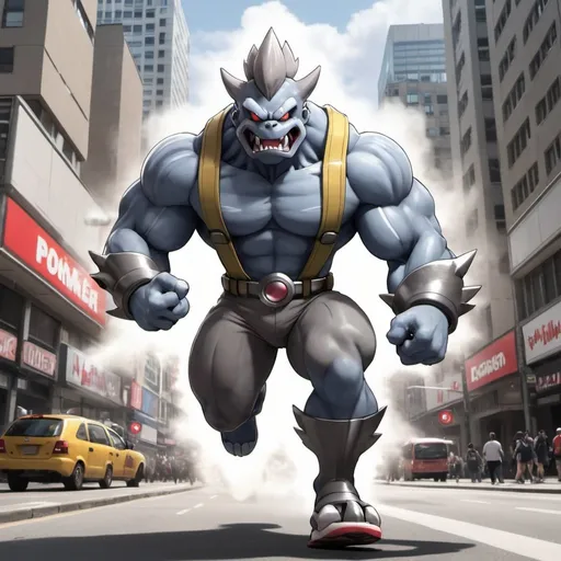 Prompt: pokemon style,menacing,machamp,with rocket launcher,pokemon city background,grey trousers,muscular,affraid people running