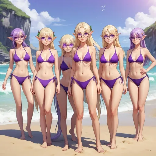 Prompt: group of gorgeous elves on the beach,daytime,swim wear ,sunny day,glasses,purple eyes,blonde,mature,anime style