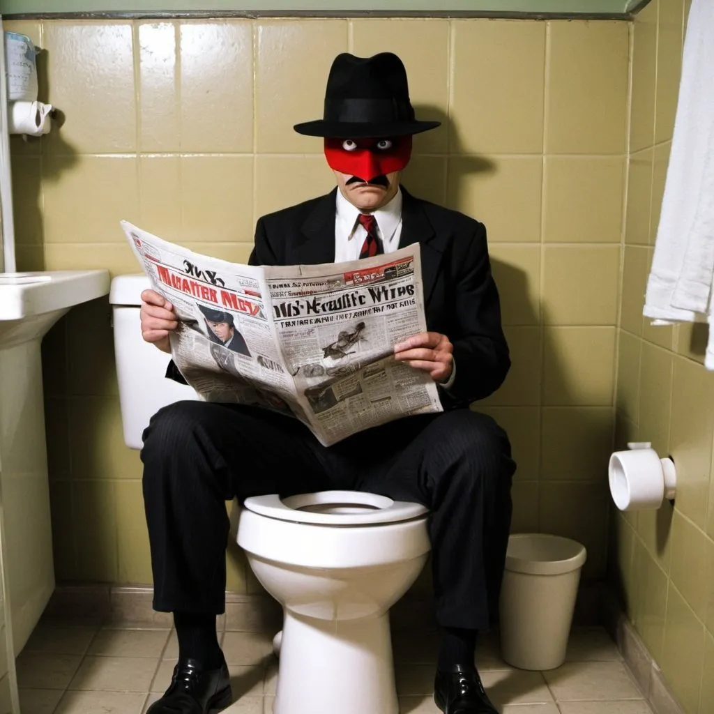 Prompt: Hunter,mutant,virus T,Mister X,machette,red eyes,hat,on toilet,reading newspaper