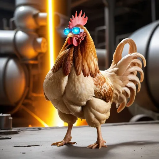 Prompt: chicken with a thermonuclear laser on his back,factory background