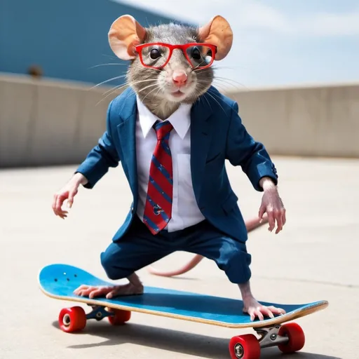 Prompt: rat on suit,skateboarding,blue and red skate board,glasses