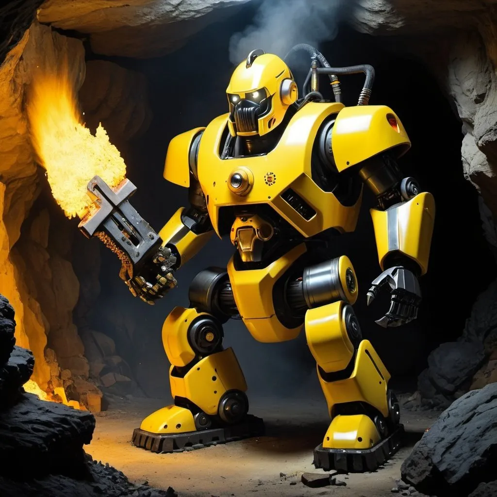 Prompt: Robot,huge,yellow and black,flamethrower,chainsaw,dwarf on top,lights on,cave