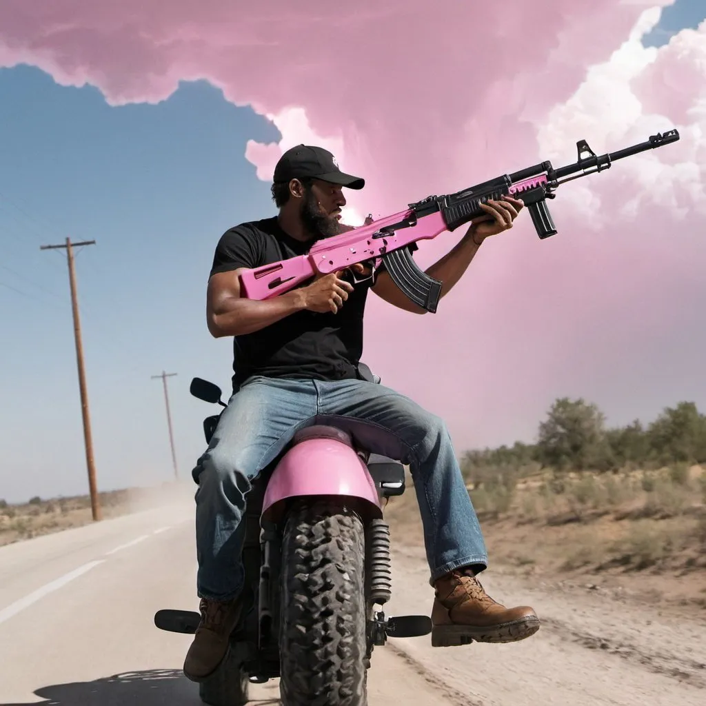 Prompt: man riding the thunder while holding a pink ak 47
