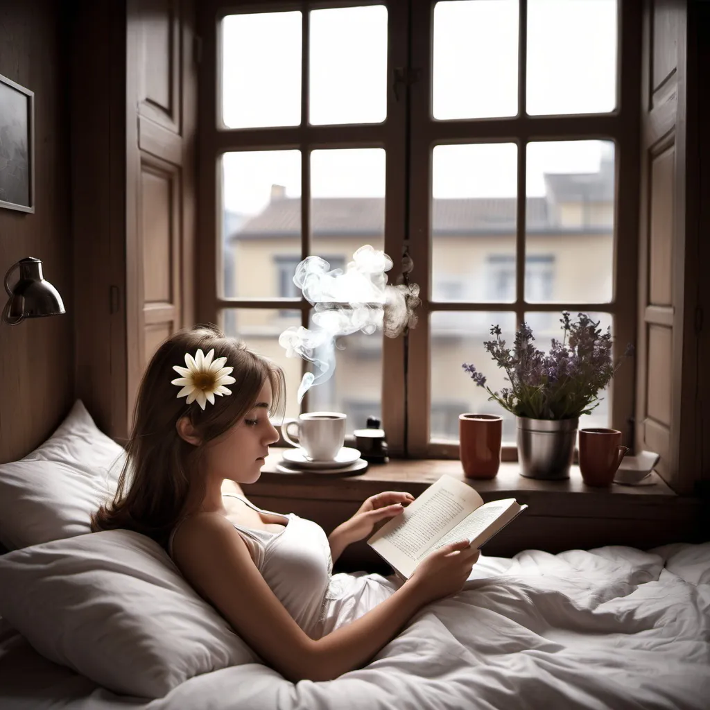 Prompt: coffe flower , book .  bed ,window,  video steam, birou , girl