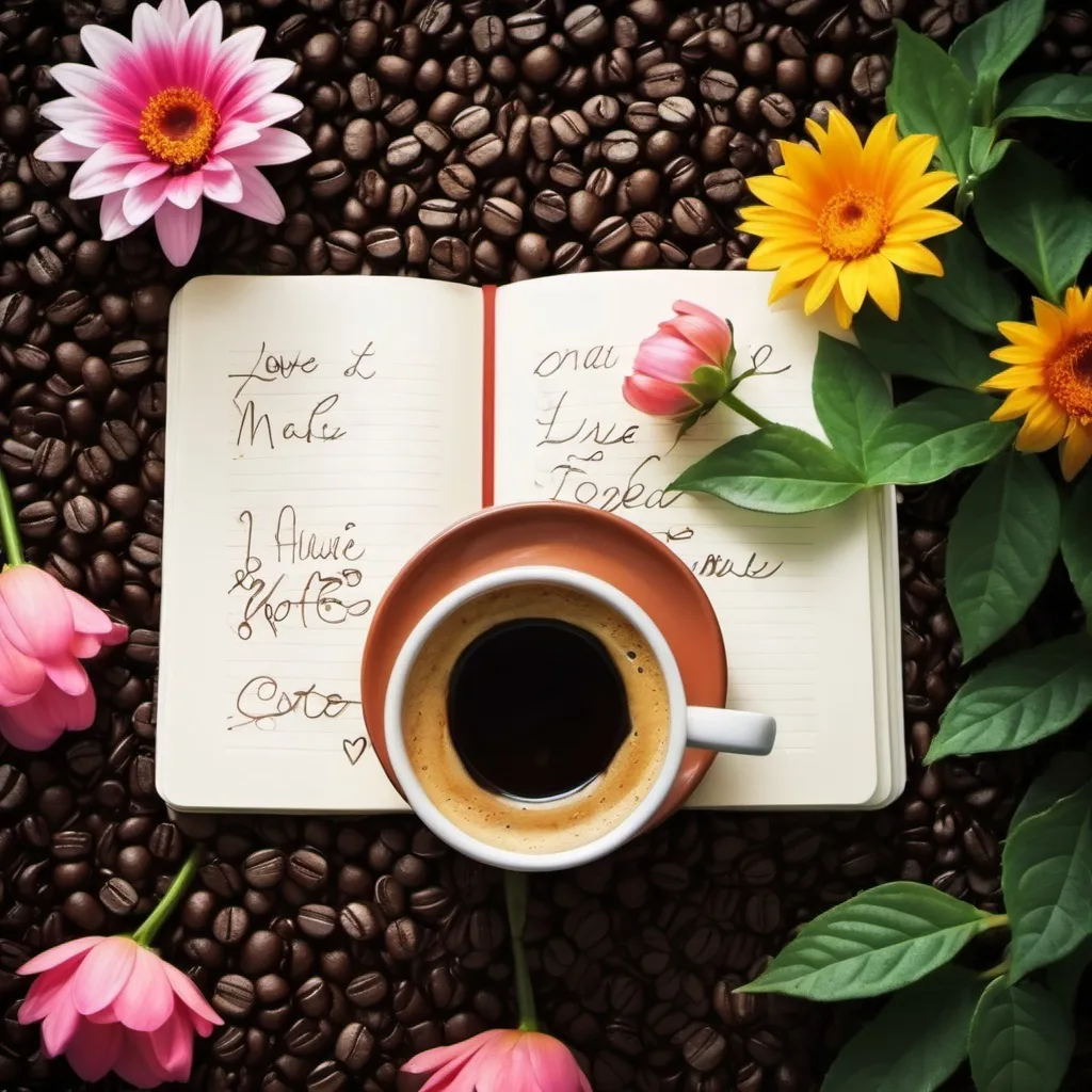 Prompt: Coffe nature, Flower, love, notebook