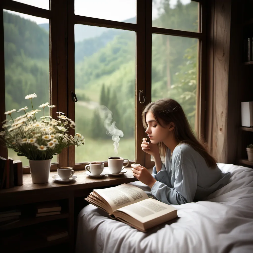 Prompt: coffe flower , book .  bed ,window, nature video steam, birou , girl
