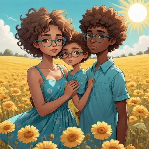 Prompt: Cartoon short afro haired girl with big bright brown eyes with a teal blue summer dress blowing in the wind making a heart with a tall white light blue eyed boy with shaggy dark blond hair and glasses, both are in a field with yellow flowers blooming and the bright sun above, warm yellow and red aesthetic