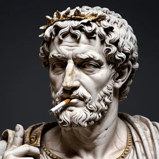 Prompt: An ancient roman men sculpture with a cigarette, with dark grey background 