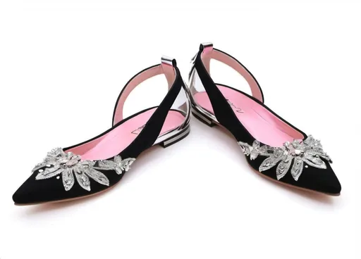 Prompt: luxury (pointy toe flat shoe), elegant design, vibrant pink, shimmering silver accents, high fashion, modern and chic aesthetics, polished finish, soft texture, stylish silhouette, fashion statement piece, ultra-detailed, captivating glow, refined elegance, suitable for upscale events.