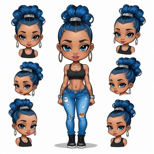 Prompt: Character design sheet cute chibi african american woman blue-black ponytail with baby hairs stylish designer clothing jeans with Bling accents,tattoos