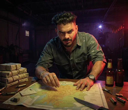 Prompt: In a vibrant, stylized artwork, a mature man  and a rugged expression leans over a large map spread across a wooden table, looking at camara. His floral shirt and gold jewelry contrast with the serious nature of his actions, as he points decisively at the map, surrounded by various items including stacks of wrapped packages, a knife, and scattered ammunition, hinting at an underworld operation. The setting, an industrial-looking garage or warehouse bathed in soft, colorful lighting, features shadows that create depth while tropical palm trees are faintly visible through the windows, adding to the scene's exotic undertones. Two bottles of beer sit to the right, illuminating a laid-back yet tension-filled dynamic, capturing a moment where leisure and danger intersect. The overall composition conveys a narrative steeped in intrigue and potential conflict, drawing viewers into the story unfolding in this clandestine environment.