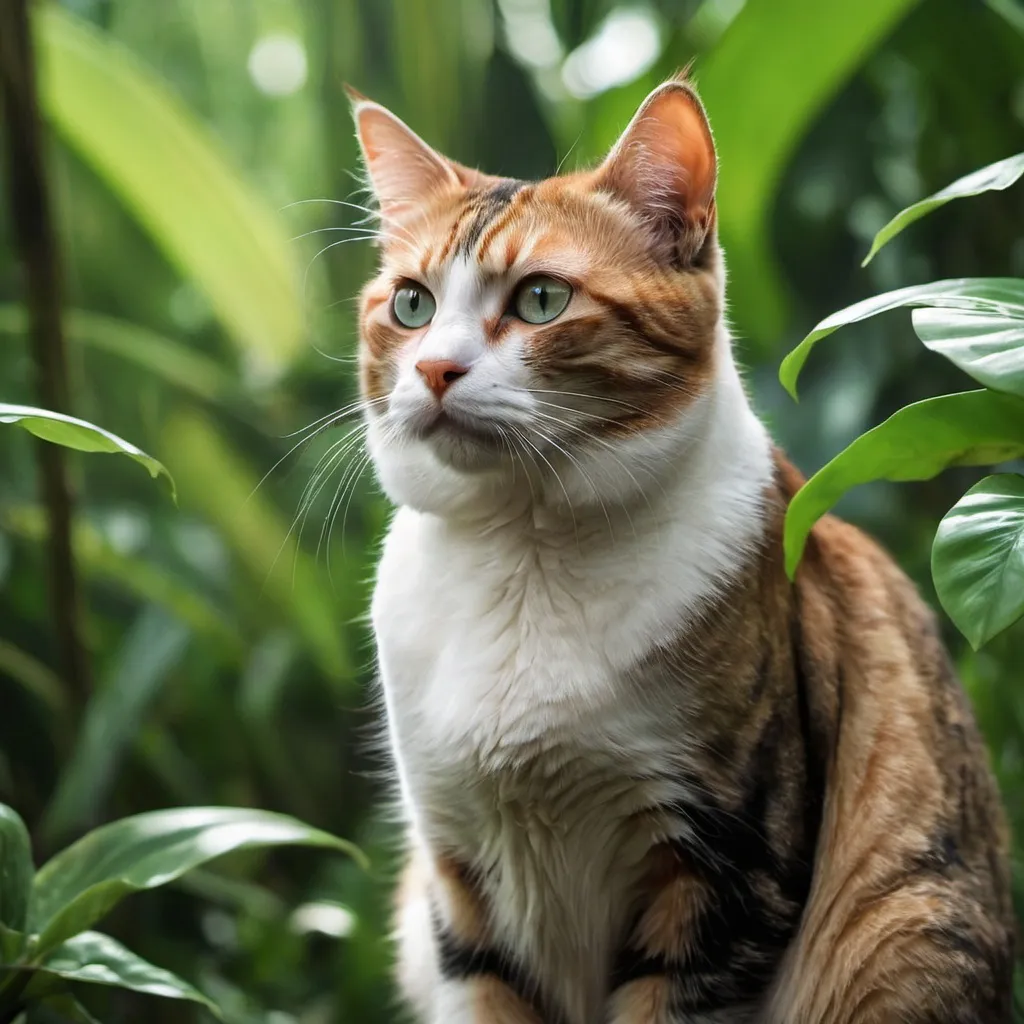 Prompt: a cat in the jungle looking off into the distance