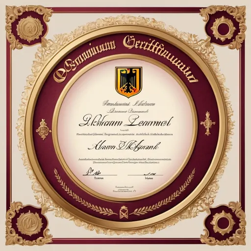 Prompt: High resolution digital illustration of a German learning certificate, Akam Akram's name prominently displayed, official crest and seal, professional and traditional style, gold and burgundy color tones, detailed calligraphy, elegant border design, premium quality, traditional, official, detailed calligraphy, professional, gold tones, burgundy tones, highres, premium
