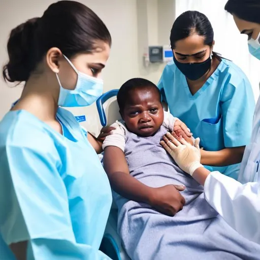 Prompt: a pediatric patient being held by healthcare staff for injection 