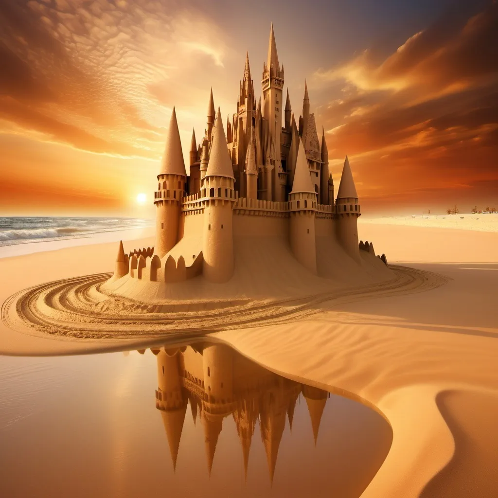 Prompt: majestic sandcastle, (tall spires) with intricate architecture, against a (glorious sunset), warm hues enveloping the scene, casting enchanting shadows, magical ambiance, tranquil moat with gentle waves, (reflecting sunset colors), soft and serene lighting, (ultra-detailed) textures of sand, inviting and mesmerizing atmosphere, rich golden and deep orange tones, harmonious blending of colors, breathtaking landscape background.