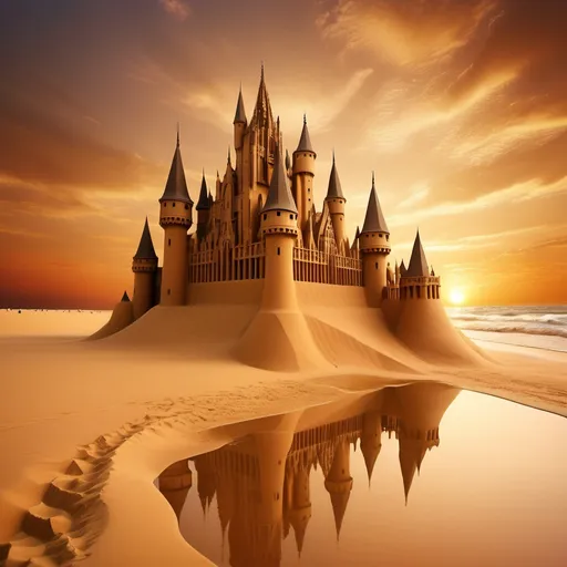 Prompt: majestic sandcastle, (tall spires) with intricate architecture, against a (glorious sunset), warm hues enveloping the scene, casting enchanting shadows, magical ambiance, tranquil moat with gentle waves, (reflecting sunset colors), soft and serene lighting, (ultra-detailed) textures of sand, inviting and mesmerizing atmosphere, rich golden and deep orange tones, harmonious blending of colors, breathtaking landscape background.