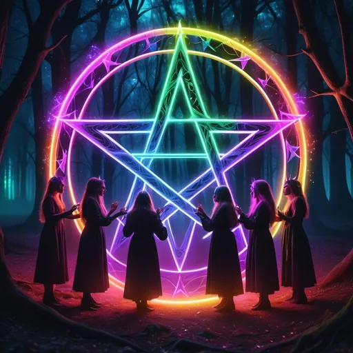 Prompt: (Enchanting witches gathering in a circle), vibrant neon color scheme, (rainbow of glowing lights), performing a mystical ritual, (neon pentagram and magical symbols), ethereal atmosphere, shimmering energy, dark mystical forest background, (surreal and captivating), high detail, (4K ultra-detailed), captivating glow illuminating their faces, enigmatic expressions, magical essence.