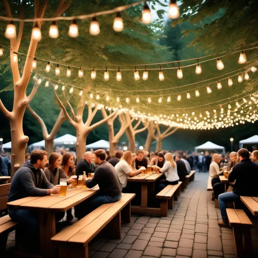 Prompt: Traditional Setting: Create a warm, inviting beer garden with wooden tables and benches. People are enjoying pretzels, sausages, and mugs of frothy beer. Add fairy lights strung between trees to enhance the cozy atmosphere.
Surreal Twist: Incorporate fantastical elements like oversized pretzels and beer mugs, or trees with leaves shaped like beer foam.