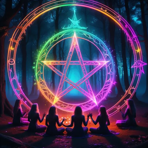 Prompt: (Enchanting witches gathering in a circle), vibrant neon color scheme, (rainbow of glowing lights), performing a mystical ritual, (neon pentagram and magical symbols), ethereal atmosphere, shimmering energy, dark mystical forest background, (surreal and captivating), high detail, (4K ultra-detailed), captivating glow illuminating their faces, enigmatic expressions, magical essence.