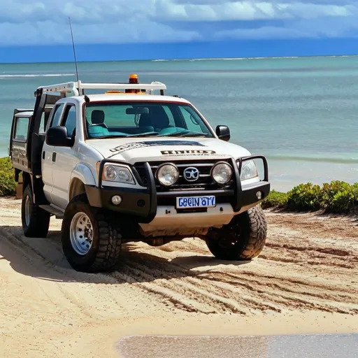 Prompt: White utility vehicle on a beach, sandy shoreline, bright sunny day, realistic digital painting, high quality, detailed reflections on vehicle, clear blue skies, coastal landscape, ocean waves, sandy texture, realistic lighting, professional, vibrant colors