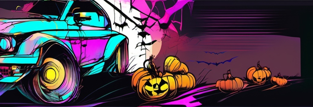 Prompt: Modified car with a halloween like design for a website background