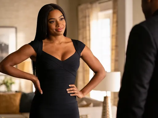 Prompt: A young African woman in her mid-20s, average height with a curvy build, smooth dark brown skin, long straight black hair styled neatly, confident facial expression with a subtle smirk. She wears a stylish fitted dress and light makeup, glossy lips, well-defined eyebrows. Body language shows confidence and emotional control. Cinematic indoor lighting, soft highlights, ultra-realistic style, 4K quality, shallow depth of field, modern apartment living room, dramatic tension, strong female presence.