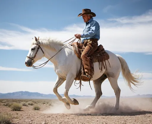 Prompt: cowboy on white wild horse