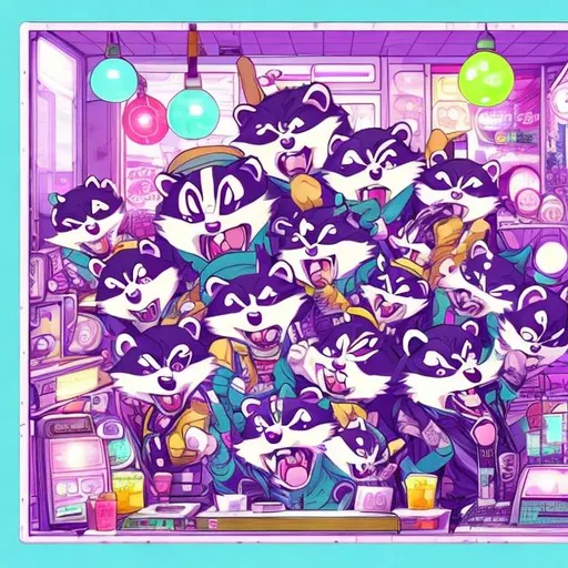 Prompt: Anime illustration of cartoon raccoons, opossums, and skunks doing karaoke, realistic living room, burning city view through windows, detailed fur with natural reflections, energetic atmosphere, high quality, anime, detailed characters, city on fire, cartoon animals, karaoke singers, dynamic lighting, living room, burning city background, apocalypse karaoke