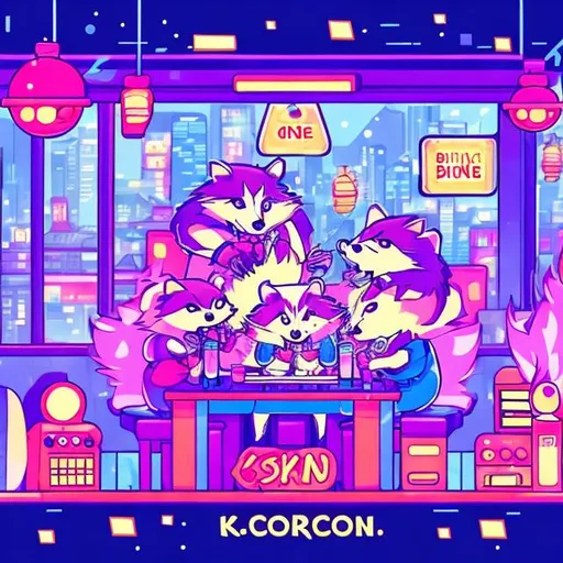 Prompt: Anime illustration of cartoon raccoons, possums, and skunks doing karaoke, realistic living room, burning city, view through windows, detailed fur with natural reflections, energetic atmosphere, highest quality, anime, detailed characters, karaoke singers, dynamic lighting, burning city background, apocalypse karaoke