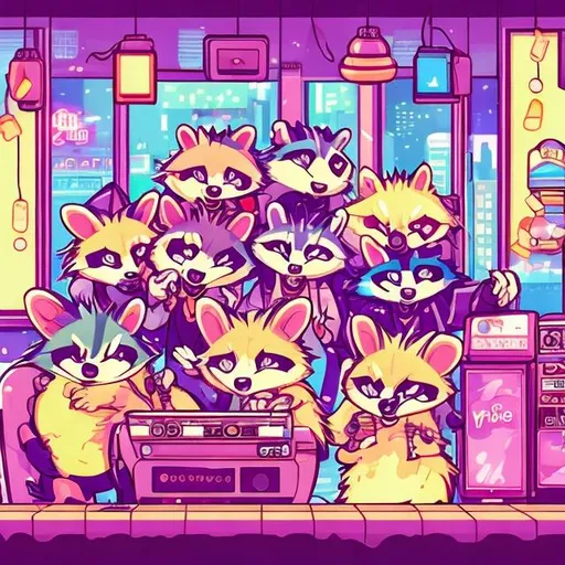 Prompt: Anime illustration of cartoon raccoons, possums, and skunks doing karaoke, realistic living room, burning city, view through windows, detailed fur with natural reflections, energetic atmosphere, highest quality, anime, detailed characters, karaoke singers, dynamic lighting, burning city background, apocalypse karaoke