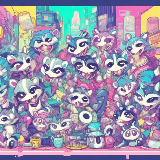 Prompt: Anime illustration of cartoon raccoons, opossums, and skunks doing karaoke, realistic living room, burning city view through windows, detailed fur with natural reflections, energetic atmosphere, high quality, anime, detailed characters, city on fire, cartoon animals, karaoke singers, dynamic lighting, living room, burning city background, apocalypse karaoke
