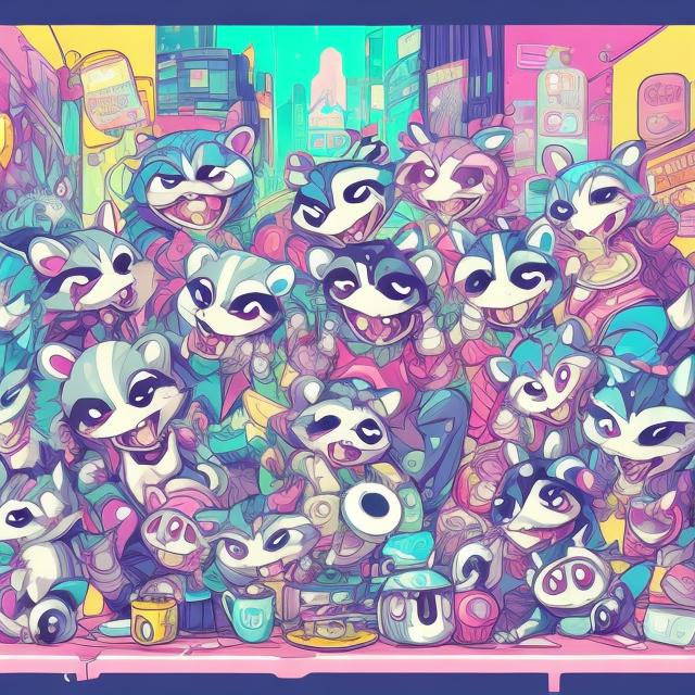 Prompt: Anime illustration of cartoon raccoons, opossums, and skunks doing karaoke, realistic living room, burning city view through windows, detailed fur with natural reflections, energetic atmosphere, high quality, anime, detailed characters, city on fire, cartoon animals, karaoke singers, dynamic lighting, living room, burning city background, apocalypse karaoke