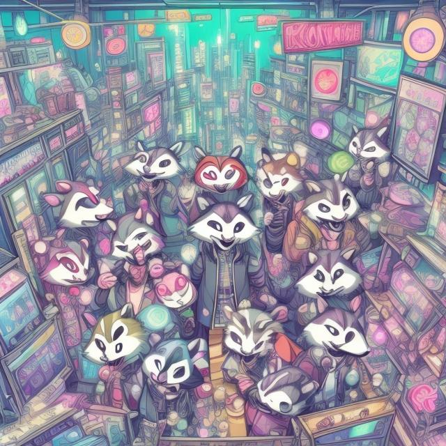 Prompt: Anime illustration of cartoon raccoons, opossums, and skunks doing karaoke, realistic living room, burning city view through windows, detailed fur with natural reflections, energetic atmosphere, high quality, anime, detailed characters, city on fire, cartoon animals, karaoke singers, dynamic lighting, living room, burning city background, apocalypse karaoke