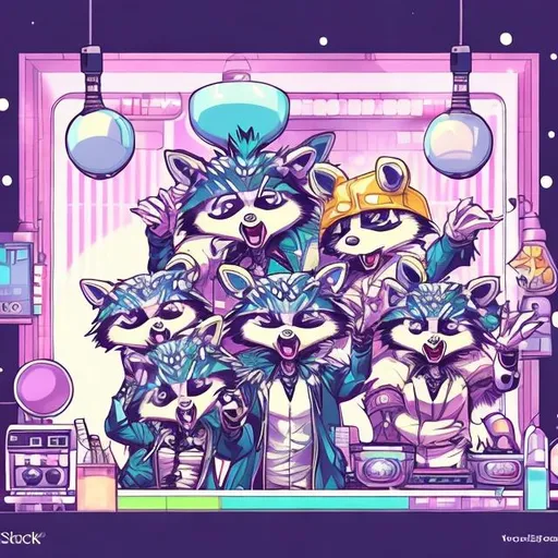 Prompt: Anime illustration of cartoon raccoons, opossums, and skunks doing karaoke, realistic living room, burning city view through windows, detailed fur with natural reflections, energetic atmosphere, high quality, anime, detailed characters, city on fire, cartoon animals, karaoke singers, dynamic lighting, living room, burning city background, apocalypse karaoke