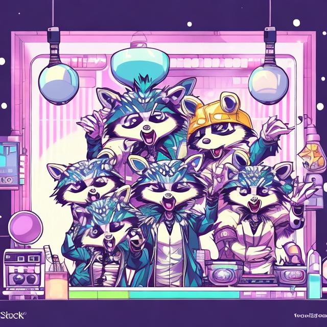 Prompt: Anime illustration of cartoon raccoons, opossums, and skunks doing karaoke, realistic living room, burning city view through windows, detailed fur with natural reflections, energetic atmosphere, high quality, anime, detailed characters, city on fire, cartoon animals, karaoke singers, dynamic lighting, living room, burning city background, apocalypse karaoke