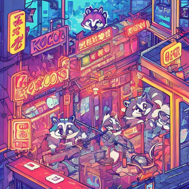 Prompt: Anime illustration of cartoon raccoons, possums, and skunks doing karaoke, realistic living room, burning city, view through windows, detailed fur with natural reflections, energetic atmosphere, highest quality, anime, detailed characters, karaoke singers, dynamic lighting, burning city background, apocalypse karaoke