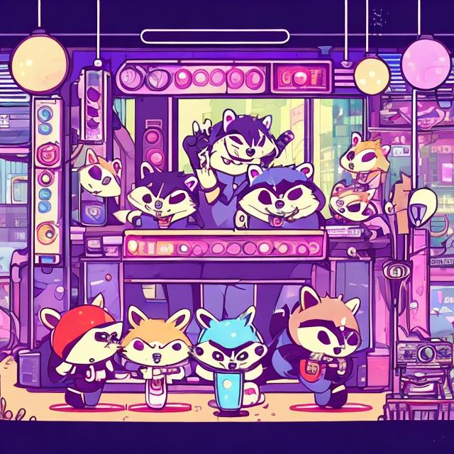 Prompt: Anime illustration of cartoon raccoons, possums, and skunks doing karaoke, realistic living room, burning city, view through windows, detailed fur with natural reflections, energetic atmosphere, highest quality, anime, detailed characters, karaoke singers, dynamic lighting, burning city background, apocalypse karaoke