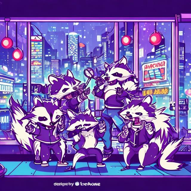 Prompt: Anime illustration of cartoon raccoons, possums, and skunks doing karaoke, realistic living room, burning city, view through windows, detailed fur with natural reflections, energetic atmosphere, highest quality, anime, detailed characters, karaoke singers, dynamic lighting, burning city background, apocalypse karaoke