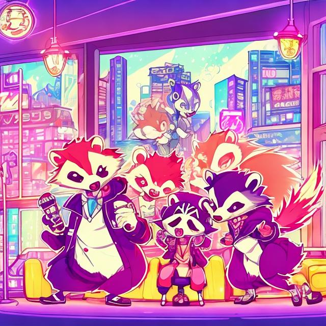 Prompt: Anime illustration of cartoon raccoons, possums, and skunks doing karaoke, realistic living room, burning city, view through windows, detailed fur with natural reflections, energetic atmosphere, highest quality, anime, detailed characters, karaoke singers, dynamic lighting, burning city background, apocalypse karaoke