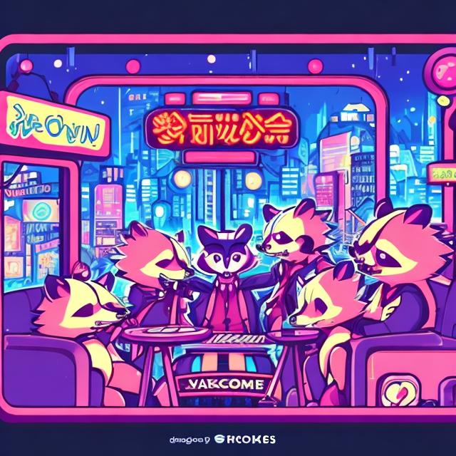 Prompt: Anime illustration of cartoon raccoons, possums, and skunks doing karaoke, realistic living room, burning city, view through windows, detailed fur with natural reflections, energetic atmosphere, highest quality, anime, detailed characters, karaoke singers, dynamic lighting, burning city background, apocalypse karaoke