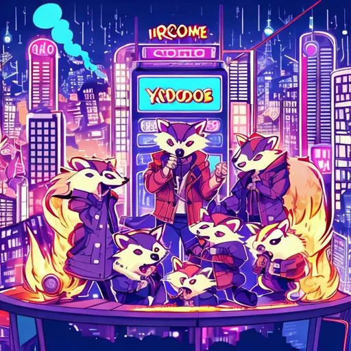 Prompt: Anime illustration of cartoon raccoons, possums, and skunks doing karaoke, realistic living room, burning city, view through windows, detailed fur with natural reflections, energetic atmosphere, highest quality, anime, detailed characters, karaoke singers, dynamic lighting, burning city background, apocalypse karaoke