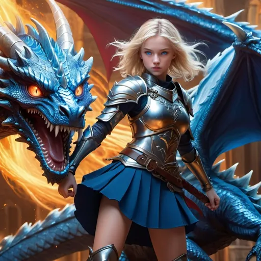 Prompt: (human style), beautiful blond girl, blue eyes, wearing a (skirt and armors), dynamically fighting a massive (blue dragon), warm color scheme, vibrant and captivating hues, dramatic lighting illuminating the scene, intense action pose, magical atmosphere, detailed character features, fantastical background with ethereal elements, 4K, ultra-.