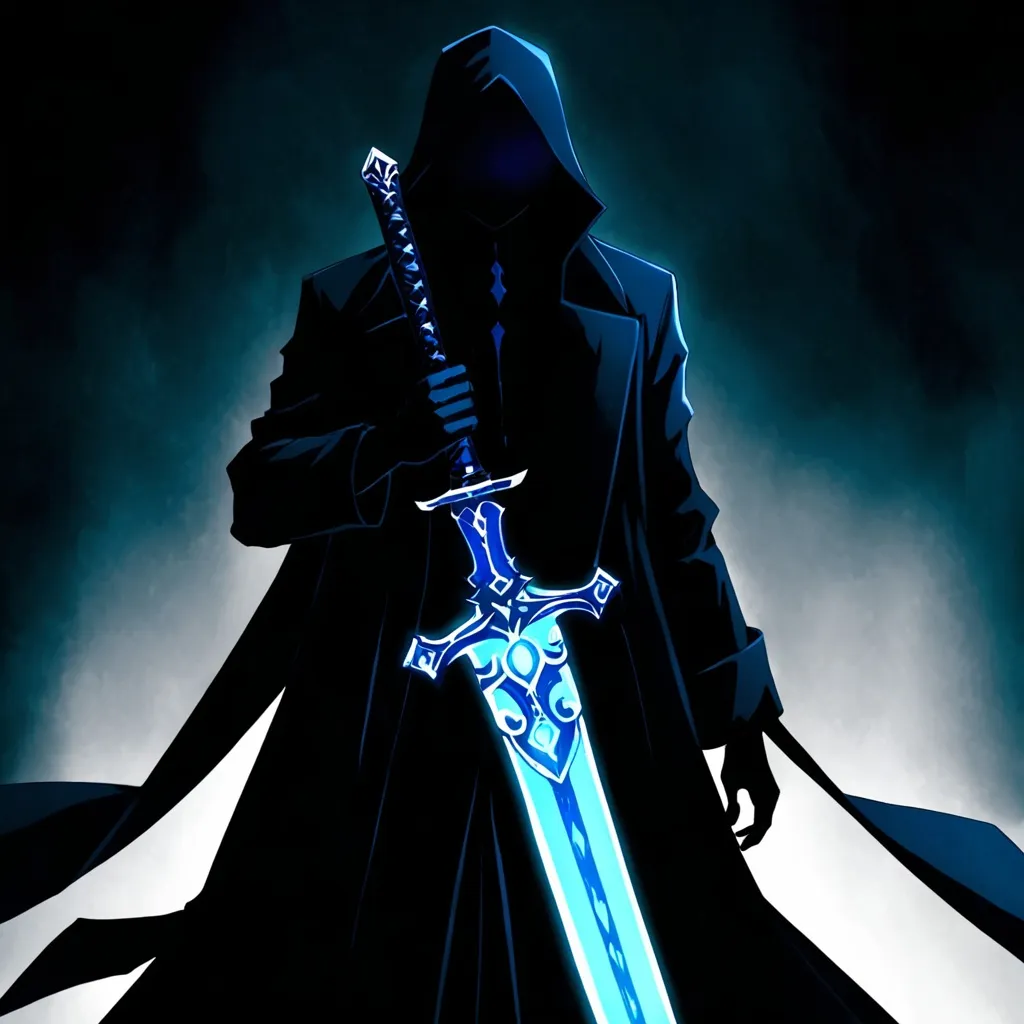 Prompt: anime long black coat do not see the face the body is like a shadow has a sword similar to shadow in his hand and glows a little blue