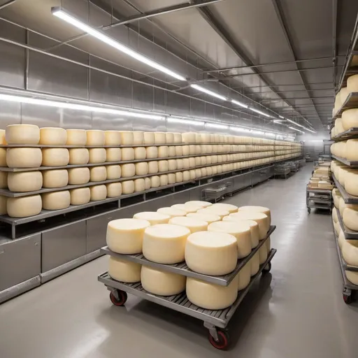 Prompt: immagine all'interno di un grande stabilimento caseificio, produzione di formaggio, composto da una stanza grande e con un larghissimo spazio vuoto al centro, al centro della stanza c'è un carrello elevatore in acciaio inox, e attorno dei bancali con i formaggi sopra realistico, colori chiari, luce diurna, con una finestra dove si vedono le colline con il sole,