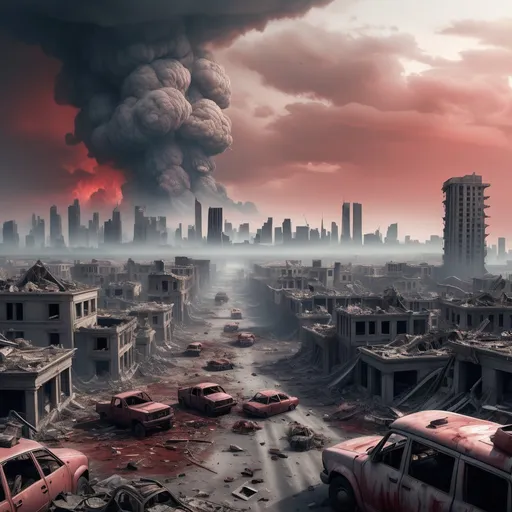 Prompt: A scene after world war 3. A wide view of a devastated Earth in 2053. Smoke rises from the ruins of cities, and the land is barren and lifeless. Broken vehicles, fallen skyscrapers, and abandoned homes stretch into the distance. The sky is gray with a faint red hue, symbolizing destruction.
(Mood: Despair, Destruction, Hopelessness)