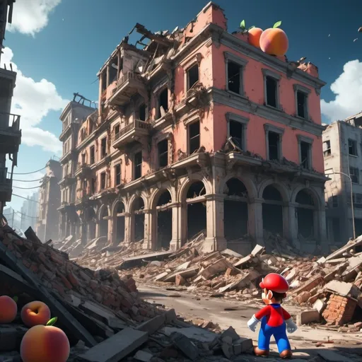 Prompt: (dramatic scene of) Peach's Super Mario city in ruin, (explosive destruction), vibrant colors contrasting with grim aftermath, chaotic debris scattered around, crumbling buildings, emotional atmosphere of loss and shock, dynamic perspective showcasing destruction, detailed architecture, high depth, cinematic lighting, (4K, ultra-detailed).