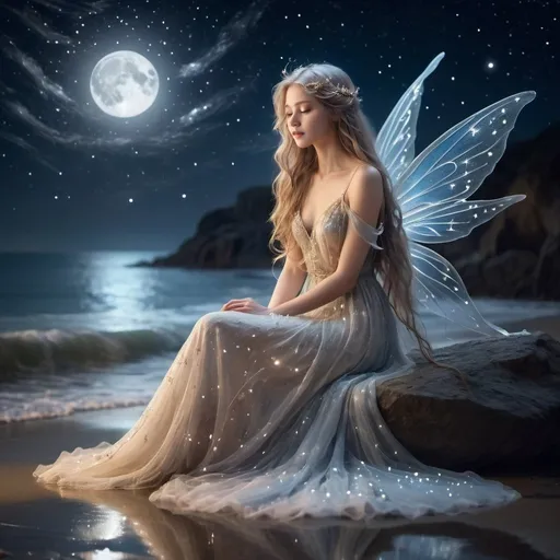 Prompt: Delicate fairy sitting by the sea on a starry night, ethereal and translucent wings, flowing gown adorned with shimmering moonlight, long flowing hair reflecting the starlight, serene expression, mystical atmosphere, high quality, fantasy, starry night, ethereal, translucent wings, flowing gown, moonlight, serene, mystical, detailed hair, professional, atmospheric lighting