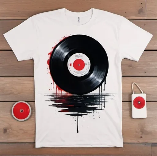 Prompt: a t - shirt with a record on it and a red disk on the water in the background, on a wooden floor, Altichiero, minimalism, grunge, a minimalist painting